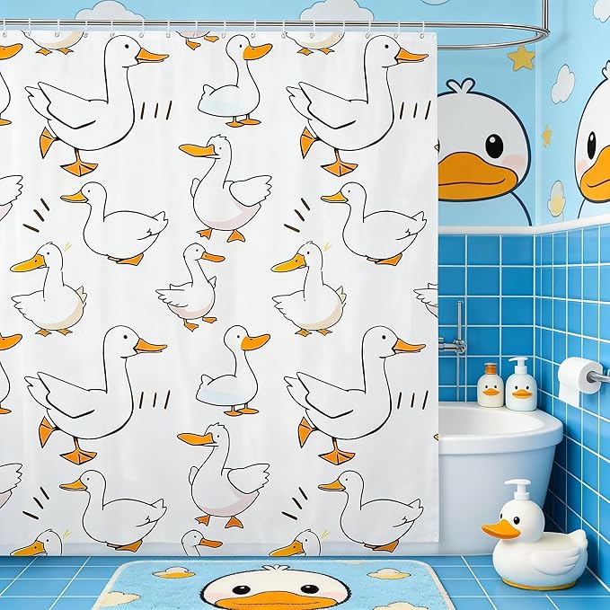 Homewish Cartoon Duck Shower Curtain,Lovely Goose Funny Sketch White Bath Curtain with Hooks,Cute Farmhouse Livestock Animal Waterproof Bathroom Accessories for Bathtublet, 72Wx84L inch
