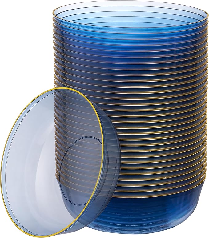 PLASTICPRO Plastic Party Plates Edge Collection Premium heavyweight Elegant Disposable Tableware Dishes (TRANSLUCENT BLUE WITH GOLD RIM, 16 OZ BOWLS)