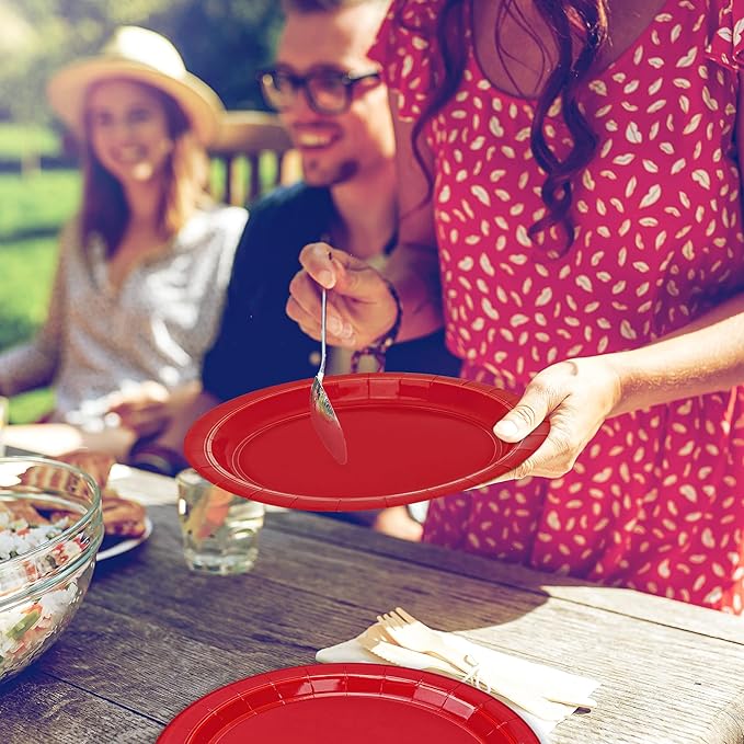 QZYL 50 PCS Paper Plates, Red Heavy Duty Party Plates, Round 9 Inches Disposable Paper Dinner Plates, Everyday Use Plates Set for Daily Meals Wedding Christmas Picnic Supplies