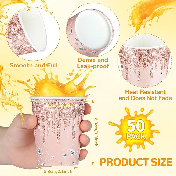 CHUNNIN 50Pcs Rose Gold Birthday Party Paper Cups 9oz Pink Golden Party Cups Supplies Rose Gold Theme Party Disposable Cup for Women girls Birthday Wedding Baby Shower Party Favors Decorations