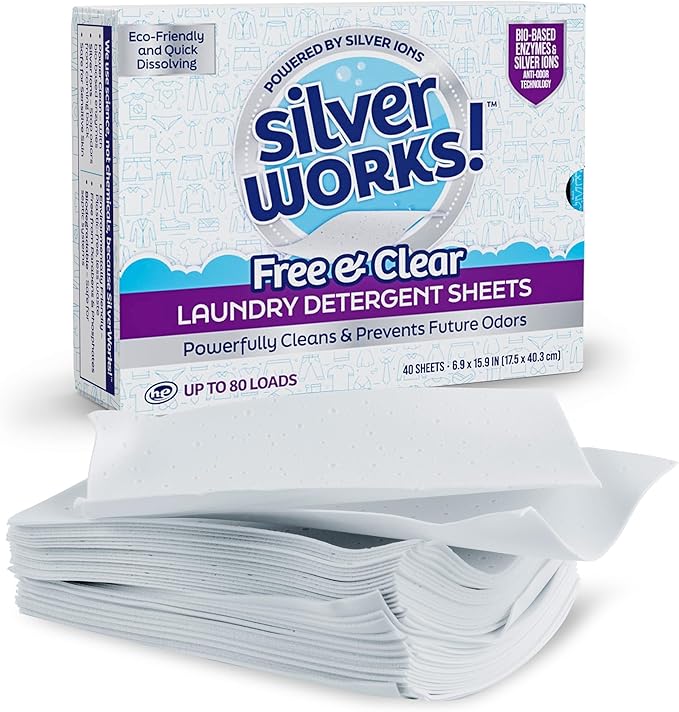 SilverWorks! Premium Dissolvable Laundry Detergent Sheets, Silver Ion Odor Elimination Technology, Powerfully Clean & Prevent Odors, Dissolves Fully, 40 Sheets, Free & Clear