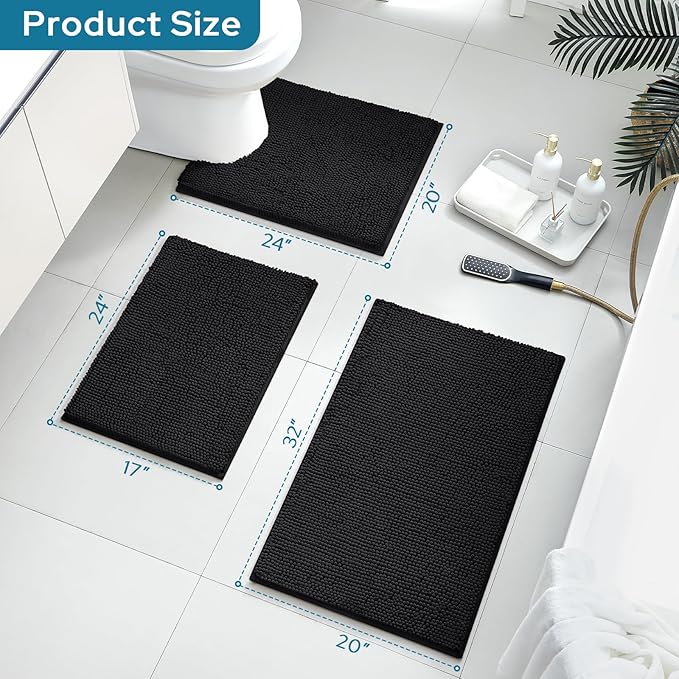 BYSURE Black Bathroom Rugs Sets 3 Piece Non Slip Extra Absorbent Plush Chenille Soft Washable Bath Mats