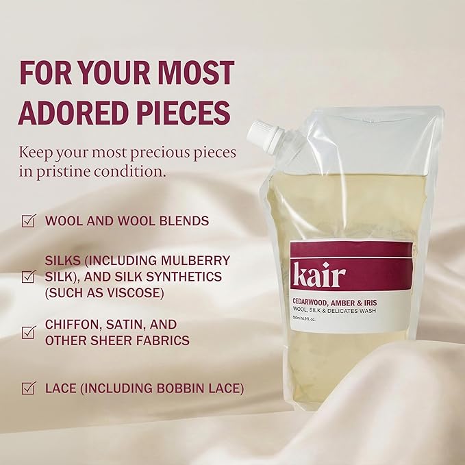 Kair Wool, Silk & Delicates Wash Refill - Cedarwood, Amber & Iris | Plant-Based Laundry Detergent for Fine Fabrics, 16.9 Fl Oz, Vegan, Cruelty-Free, Biodegradable, Gentle Cleaning & Protection