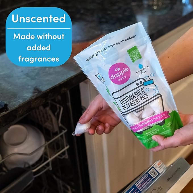 Dapple Baby Dishwasher Detergent Pods - 25 Count - Fragrance-Free, Hypoallergenic & Plant-Powered Dishwasher Pacs - Removes Milk Residue From Baby Bottles