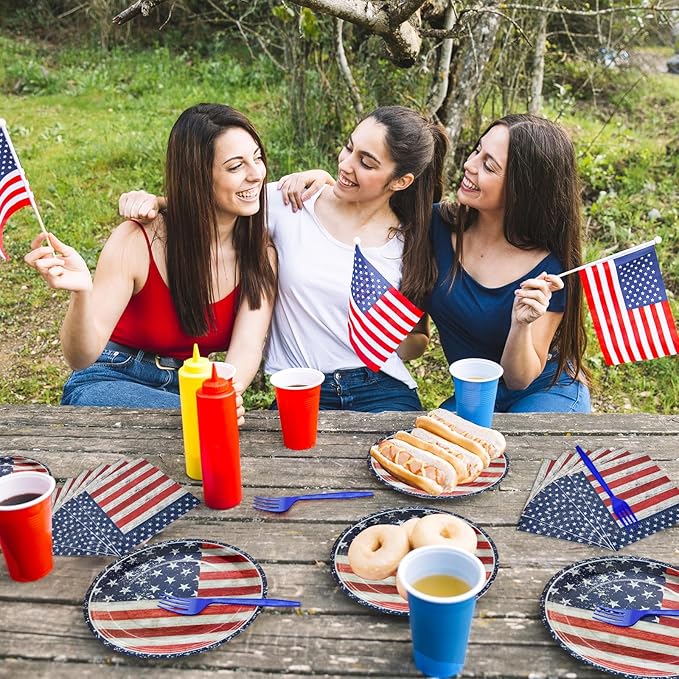 96 Pieces Patriotic Tableware Set Party Supplies - American Flag Pattern Disposable Dinnerware with Paper Plates, Napkins, Forks for Fourth of July, Memorial Day, Veterans Day BBQ Picnic Favors