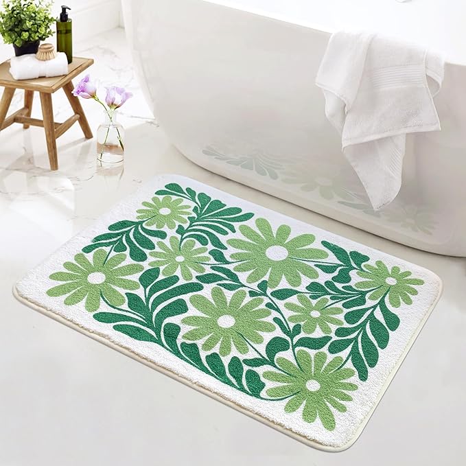 SHIYUE Cute Green Flower Bath Mat for Bathroom Rugs, Ultra Soft and Fluffy Microfiber Water Absorption Non Slip Mat for Bedroom Kitchen Bathroom Toilet Floors(18"×26")