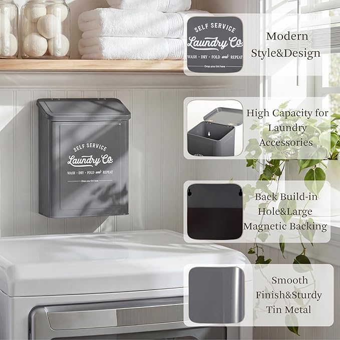 MONJITA Magnetic Lint Bin for Laundry Room, Wall Mounted Lint Trash can with lid for Dryer, Farmhouse Laundry Co Sign, Laundry Room Organization and Storage Decor with Dryer Lint Brush(Grey)