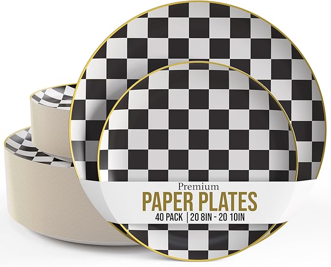 Trendables Heavy Duty Paper Plates Bulk 40 Pcs Disposable Party Plates - 20 X 8 Inch Dessert Plate & 20 X 10 Inch Paper Plate Checkered decor, black and white party decorations, race car decorations