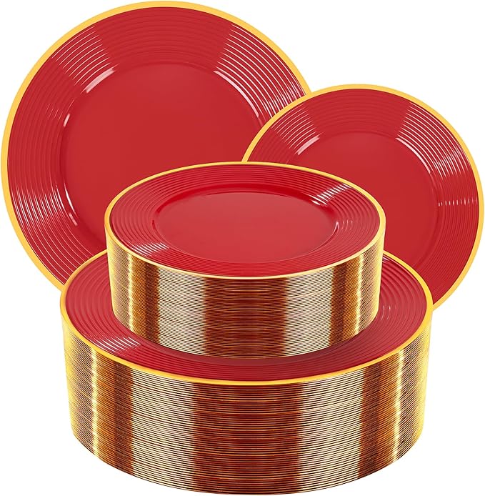 Liacere 100PCS Red Plastic Plates - Heavy Duty Disposable Plates - Red and Gold Plate 100PCS Dinner/Dessert Plate for Party & Graduation & Independence Day & Memorial day