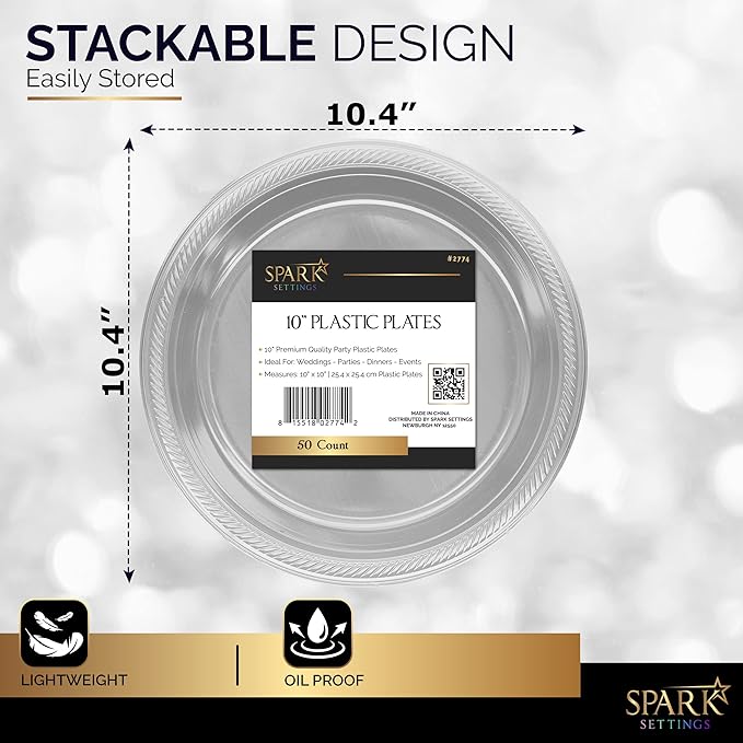 Amcrate Disposable Plastic Plates Silver, 10.4 Inches Plastic Dinner Plates, Strong and Sturdy Disposable Plates for Party, Dinner, Holiday, Picnic, or Travel Party Plates, Pack of 50