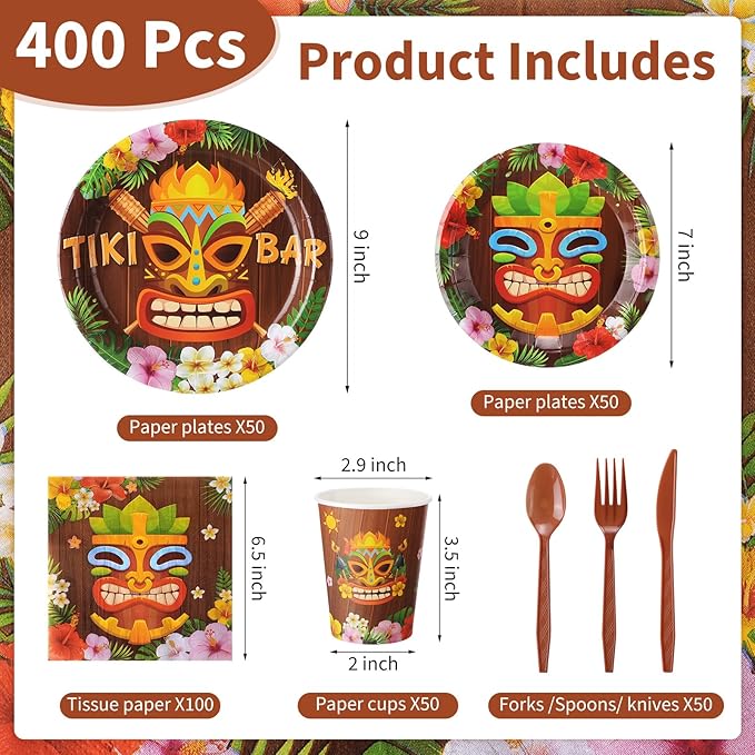 Pickmesh 400 Pcs Hawaiian Tiki Bar Party Supplies - Disposable Tiki Plates and Napkins, Cups and Cutlery Party Favor Hawaiian Luau Decorations for 50 Guests