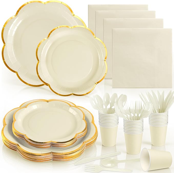 OuMuaMua 168Pcs White Paper Plates and Napkins Party Supplies, White Scalloped Plates and Napkins with Gold Rim, Disposable Plates for Party Birthday Baby Shower Weddings Bridal Shower, Serves 24