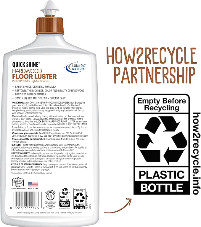 Quick Shine Hardwood Floor Luster-Polish 27oz-6pk | Plant-Derived w/Carnauba | Safer Choice, No PFAS, pH Neutral | Ready to Use Formula w/Anti-Slip Technology | Simply Squirt & Spread | Made in USA