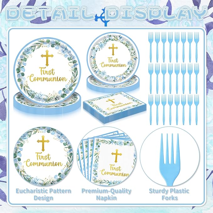 96 Pieces First Communion Floral Tableware Set – Blue Floral Cross Disposable Plates, Napkins for First Communion Party, Christening, Baptism, and Religious Celebrations – Serves 24 Guests