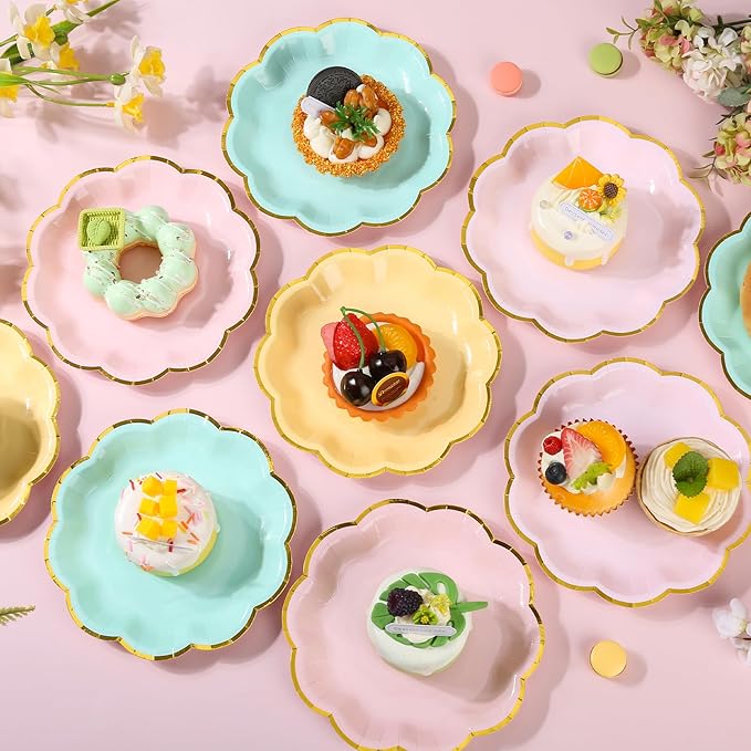 AimFun 24 Pcs Pastel Scalloped Paper Plates 7 Inch Disposable Macaron Colorful Dessert Plates with Gold Edge Gradient Rainbow Party Supplies for Wedding Birthday Baby Shower Bridal Summer Decorations