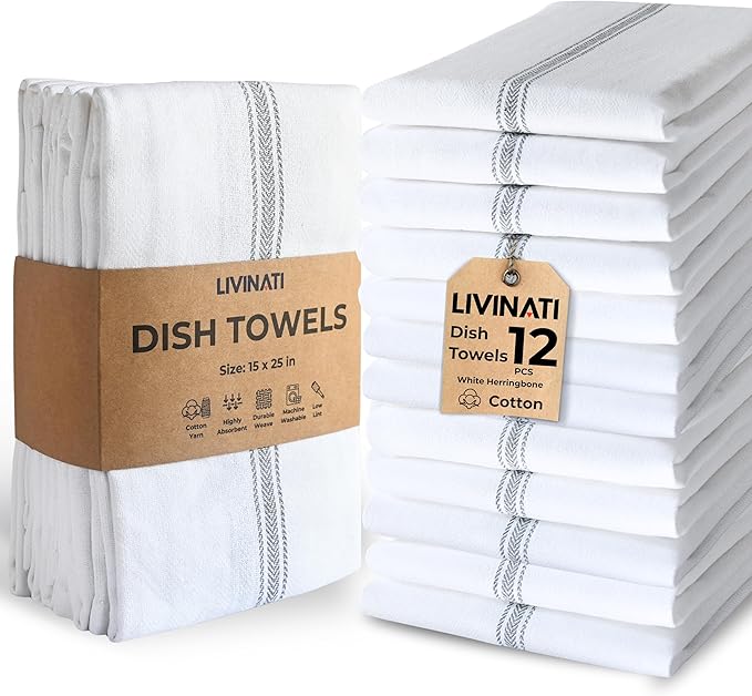 Bulk Kitchen Towels Cotton for Chefs in Commercial Restaurants - 15"X25" - 12 Pack - White Linen Tea Dish Towels - Lint Free Soft Absorbent Center Gray Striped Herringbone Weave Towles