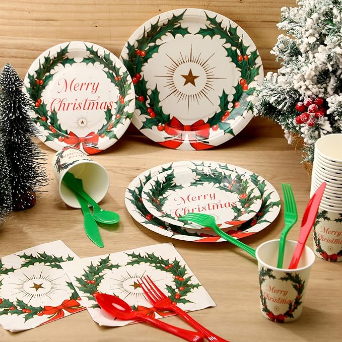 FillTouch 350 Pcs Merry Christmas Paper Plates and Napkins Set for 50 Guests Disposable Dinner Tableware Dinnerware Party Supplies Includes 100 Paper Plates 50 Cups Napkins Set Knives Forks Spoons