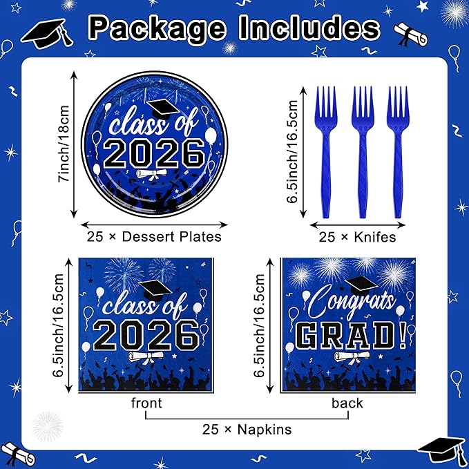 75 Pcs Graduation Plates and Napkins Party Supplies Set,Serves 25 Guests Blue 2026 Graduation Plates and Napkins,Disposable Paper Tableware Set for Graduation Party Decorations
