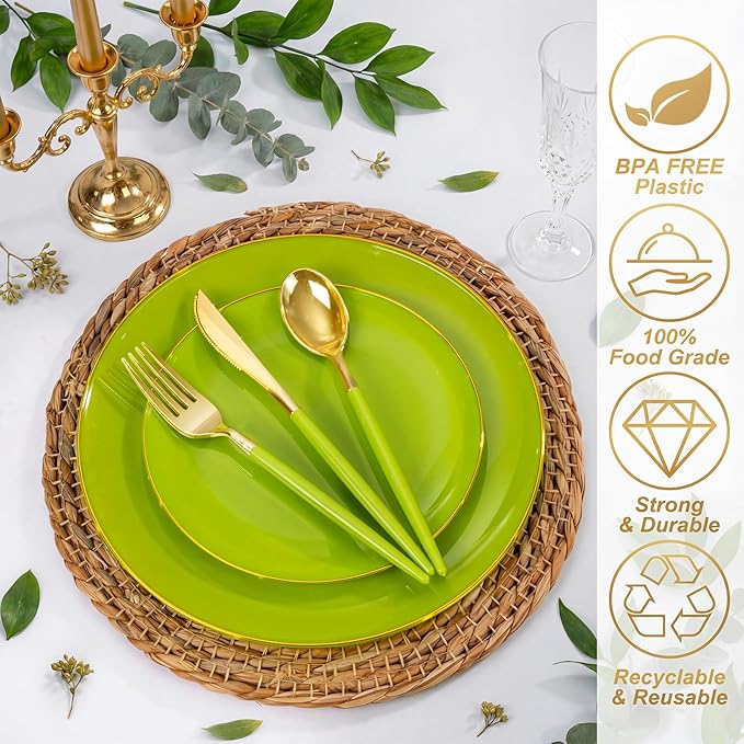 DaYammi 150Pcs Lime Green Plastic Plates & Gold Cutlery with Green Handle,green Disposable Plates with Gold Rim Include 30 Dinner Plate,30 Dessert Plate,30 Knives,30 Forks,30 Spoons for Party Dinner