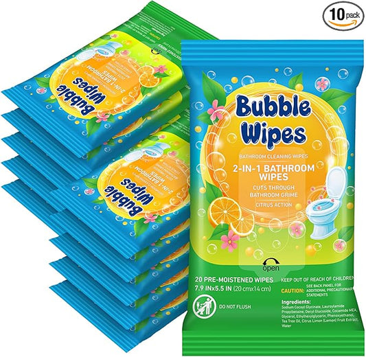 10-pack Bathroom Cleaning Wipes 100/200 Count 2-in-1 Citrus Scent Wipes Cleaner for Bathroom Toilet, Sink, Tile & Shower -Reusable Sealable Pouch, No Scrubbing Needed