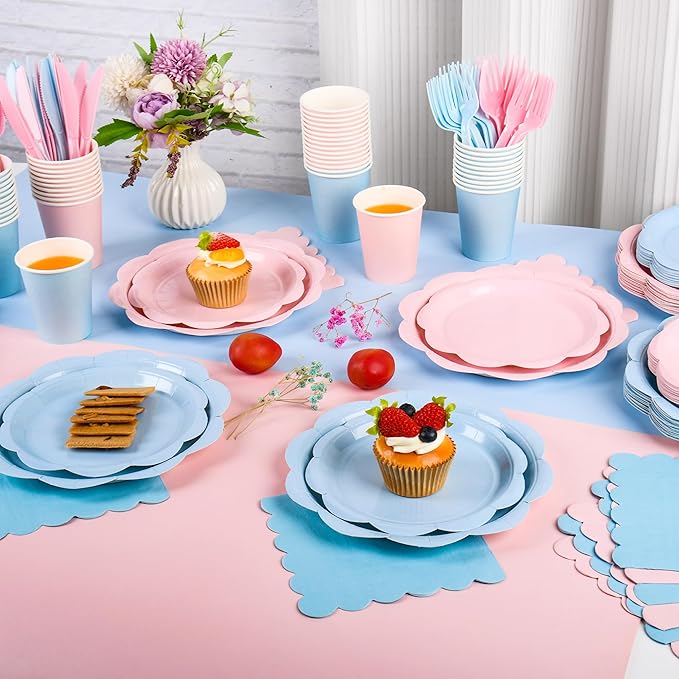 400 Pcs Baby Gender Reveal Plates and Napkins Set Party Supplies, Tableware set for 50 Guest include Pink and Blue Scalloped Plates Napkins Knives Forks Spoons Cups for Baby Shower Gender Reveal Party
