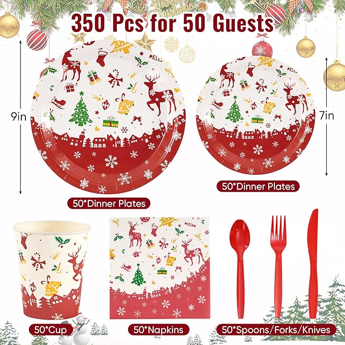 Fijinhom Christmas Paper Plates Set, 350 PCS Elk, Candy cane and Gifts Party Supplies, Disposable Dinnerware Set for 50 Guests, Paper Plates Napkins Cups for Christmas Eve