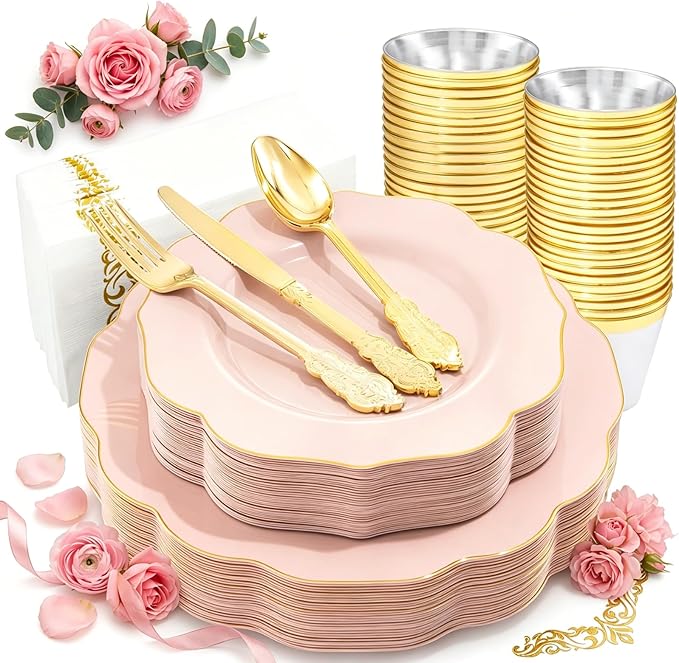 NOCCUR 175PCS Pink Plates with Gold Disposable Silverware - Include 50 Pink Plastic Plates,25 Knives,25 Forks,25 Spoons,25 Cups and 25 Napkins - Ideal for Party/Wedding/Banquet/Baby Shower