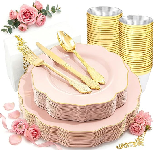 NOCCUR 175PCS Pink Plates with Gold Disposable Silverware - Include 50 Pink Plastic Plates,25 Knives,25 Forks,25 Spoons,25 Cups and 25 Napkins - Ideal for Party/Wedding/Banquet/Baby Shower