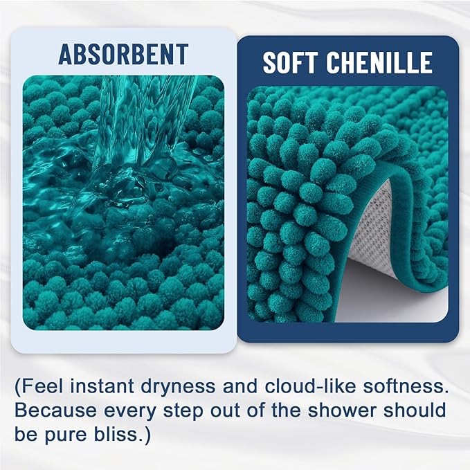 Grandaily Chenille Striped Bathroom Rugs 30x20, Extra Thick and Soft Absorbent Bath Mats, Rubber Backing, Plush Shaggy Shower Carpet, Machine Wash Dry, Bath Rug for Bathroom, Deep Lake