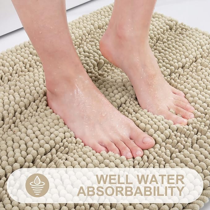 Grandaily Chenille Striped Bathroom Rugs 40x32, Extra Thick and Absorbent Bath Mats, Non-Slip Soft Plush Shaggy Shower Carpet, Machine Wash Dry, Bath Rug for Bathroom, Beige