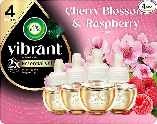Air Wick Vibrant Plug In Scented Oil Refill, Infused with Essential Oils, Plug In Air Fresheners for Home, Cherry Blossom & Raspberry, 4 ct