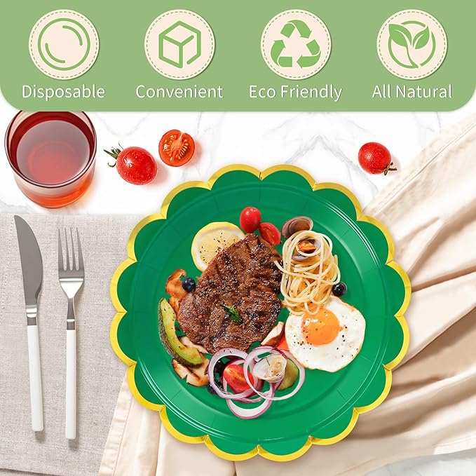 50 Pcs Green Paper Plates, 25 Pcs 9" and 25 Pcs 7" Disposable Green Scalloped Plates with Gold Foil for Graduation Wedding Christmas Baby Shower Birthday Party Picnic BBQ