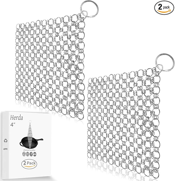 2Pack 4" Chain Mail Cast Iron Cleaner Scrubber, 316 Chainmail Scrubber Cast Iron Skillet Cleaning Brush, Chainmail Scrubbing Metal Scrub Tool to Clean Dutch Oven Carbon Steel Wok Grill Pan Pot