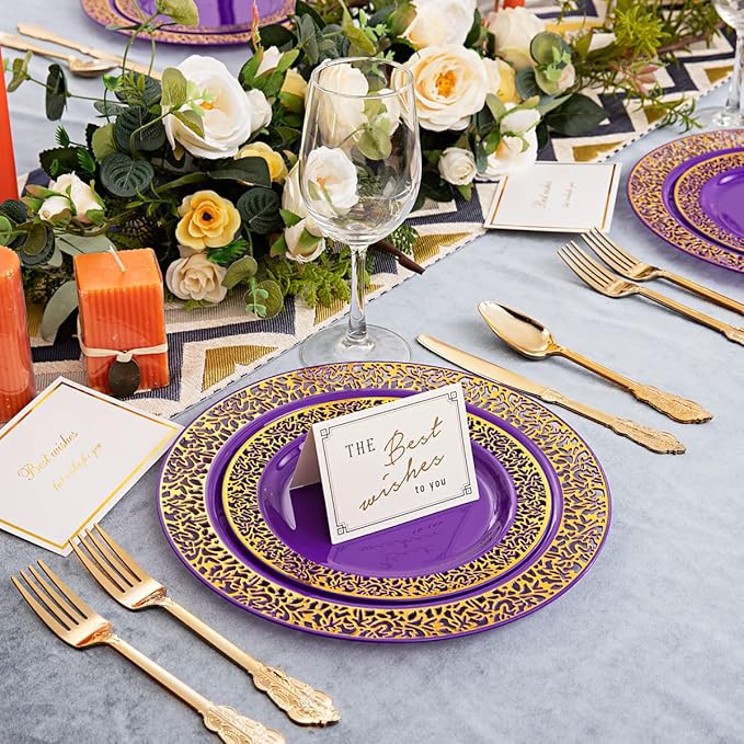U-QE 150PCS Purple Gold Plastic Plates with Gold Silverware, Gold Plastic Plates for Party & Wedding Include 30 Dinner Plates 10.25", 30 Salad Plates 7.5", 30 Forks, 30 Knives, 30 Spoons