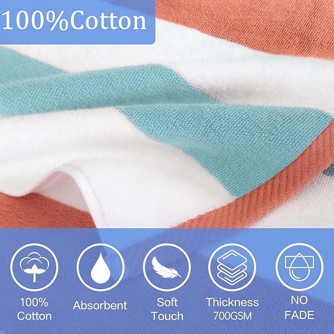 VOOVA & MOVAS Hooded Poncho Towel for Teens Unisex 100% Cotton Retro Bold Beach Pool Swim Cover Up Red White Teal Stripe