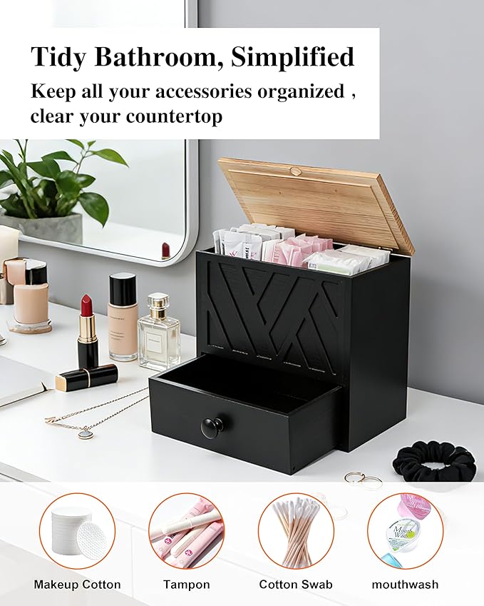 Tampon Holder for Bathroom Decor Feminine Product Organizer With Lid & Drawer Shark Week Box Girl Stuff (1, BLACK)