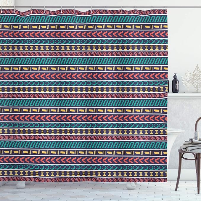 Ambesonne Striped Shower Curtain, Style Pattern Geometric Trippy Forms Art Print, Cloth Fabric Bathroom Decor Set with Hooks, 69" W x 84" L, Multicolor