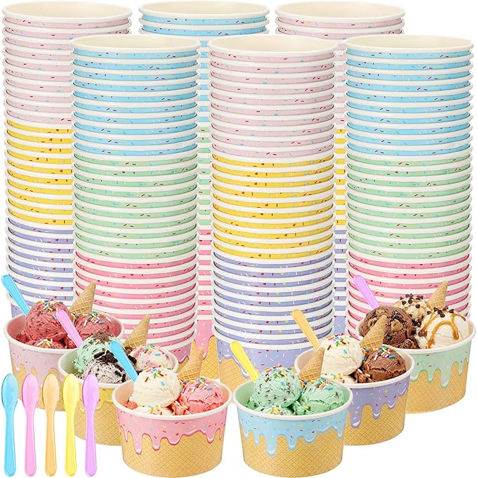 Jingmore 120 Set Paper Ice Cream Cups Bulk with Spoons 8 oz Disposable Sundae Bowls Colorful Paper Dessert Cups Containers for Snack Yogurt Soup Summer Bar Party Supplies