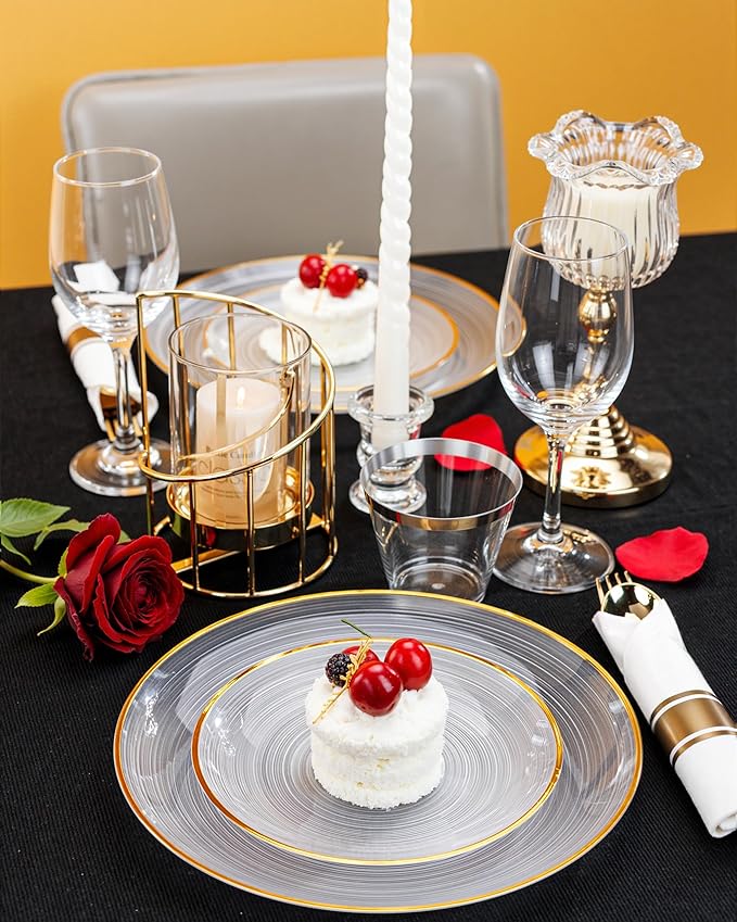 Morejoy 175PCS Clear Gold Plastic Plates - Disposable Gold Party Plates & Pre Rolled Napkins with Cutlery for 25 Guests, 50Plates, 75Silverware, 25Cups, 25Napkin for Party & Wedding & Mother's Day