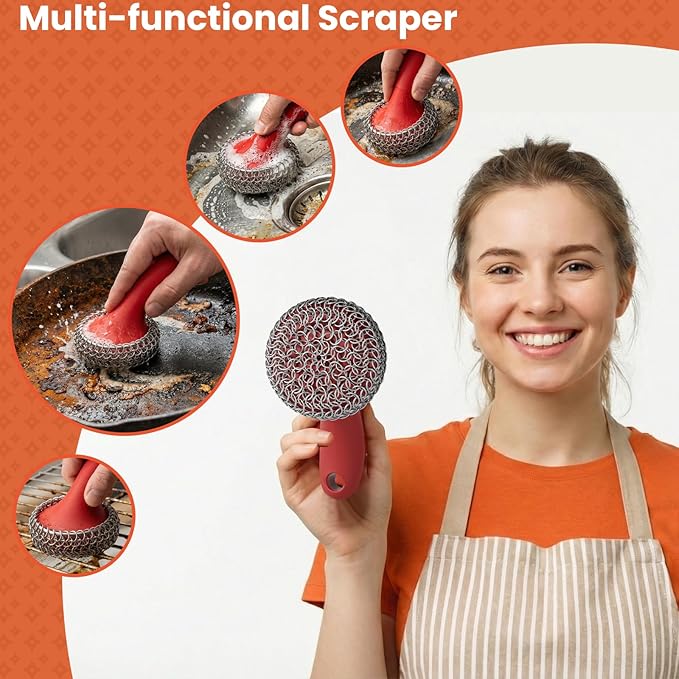 Cast Iron Scrubber with Long Handle | 316 Cast Iron Cleaner Chainmail Scrubber for Cast Iron Pan Skillet Cleaner - Dish Scouring Pad Dishwasher Safe Cleaning Kit (Red, 1 Scrubber + 1 Scraper)