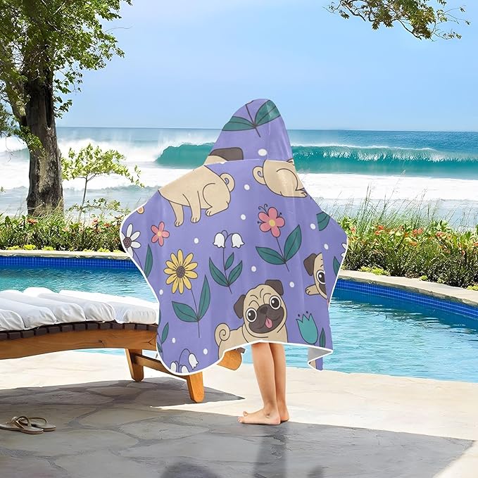 SUABO Kids' Bath Towels Pugs and Flowers Hooded Towels for Boys Girls,Toddler Towels Multi-Purpose for Beach,Pool and Bathroom,23.5" x 50", Soft and Highly Absorbent