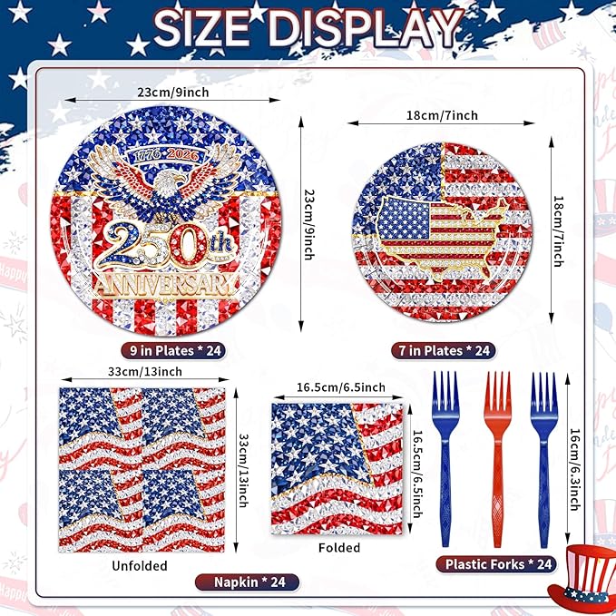 96 Pieces 250th Anniversary Plates and Napkins Patriotic Tableware Set, American Flag Disposable Paper Plates, Napkins, Forks for 4th of July Party Veterans Day Memorial Day Party Supplies- Serves 24