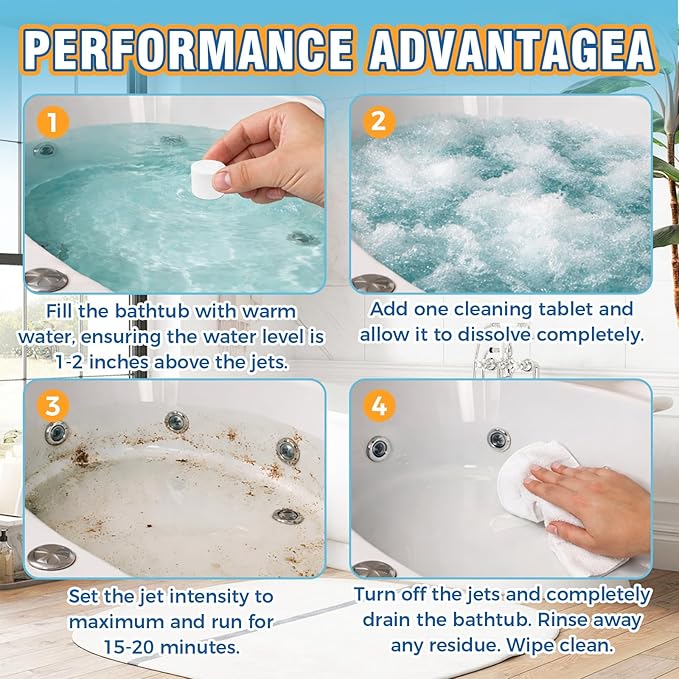 Jetted Tub Cleaner Bathtub Tabs, 12 Heavy Duty Jetted Tub Cleaner，Compatible with Jets, Tubes, Whirlpool & Spa Bath System，No Harsh Chemicals, Professional Septic Safe Solution
