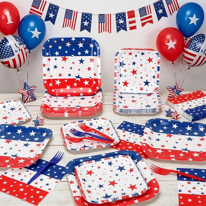 Patriotic Plates and Napkins,96Pcs 4th of July Tableware Set, American Flag Patriotic Party Supplies with Disposable Paper Plates, Napkins,Forks for 250th Anniversary Independence Day,Serves 24