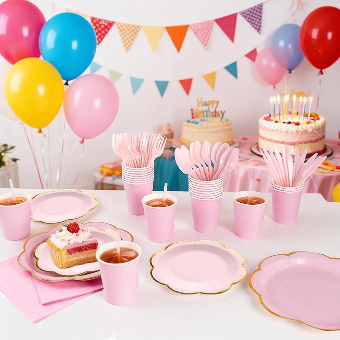 Pink Paper Plates and Napkins Party Supplies for 24 Guest, 168Pcs Pink Scalloped Mother's Day Party Plate with Gold Rim, Pink Disposable Plates Set for Girls Birthday Party Baby Shower Gender Reveal