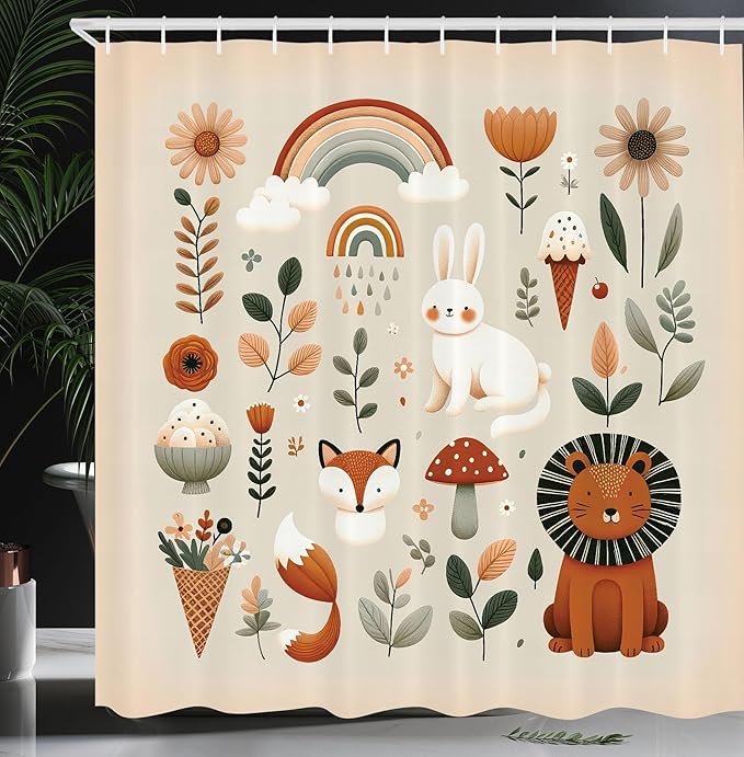 Ambesonne Jungle Shower Curtain, Happy Cartoon Lion Rabbit Fox Characters with Mushroom Rainbow Flowery, Cloth Fabric Bathroom Decor Set with Hooks, 69" W x 70" L, Cinnamon and Eggshell