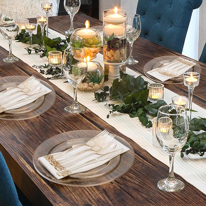 Goodluck 350 Pieces Dinnerware Set for 50 Guests, Plastic Plates Disposable for Party, Include: 100 Gold Glitter Plastic Plates, 50 Paper Napkins, 50 Cups, 50 Gold Glitter Plastic Silverware Set