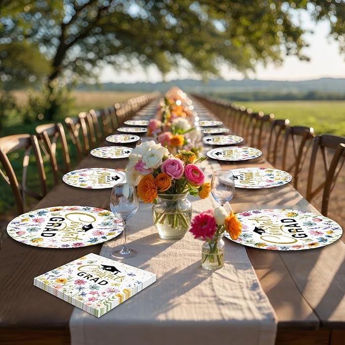 100 Pieces Graduation Party Tableware Set – Congrats Grad Floral Plates, Napkins and Forks, Wildflower Disposable Dinnerware for Class of 2026 Graduation Party Supplies