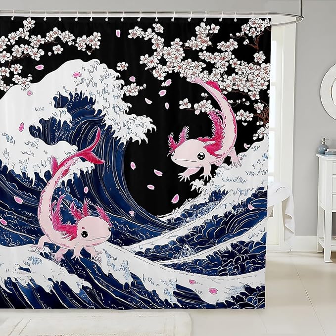 Axolotl Shower Curtain Ukiyoe Sea Waves Bath Curtain for Kids Child,Pink Cherry Blossom Shower Curtain Set Big Pike Fish Nautical Sea Animal Floral Flowers Kawaii Bathroom Decor 72"Wx72"L