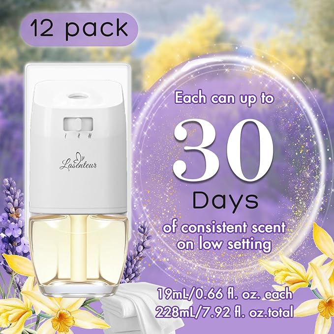 Plug in Air Freshener Refills – 12 Pack (7.92 Fl Oz), 3 Scents: Lavender, Linen & Vanilla – Compatible with Air Wick & Glade, Not Include Glade Plus – Wall Plug In Refills for Home, Bathroom